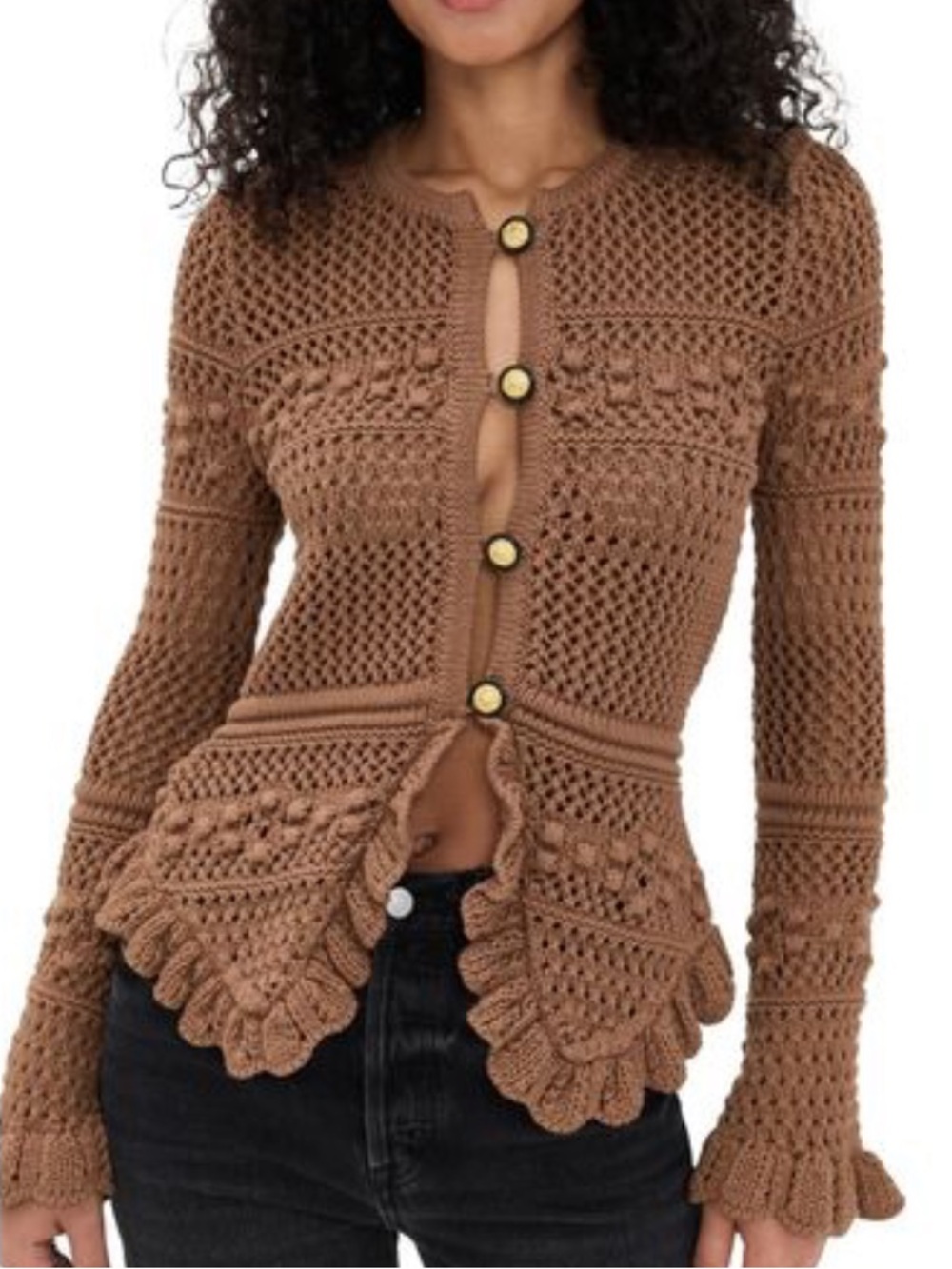 Lagence Brown Kiva Open Stitch Ruffle Cardigan NWT